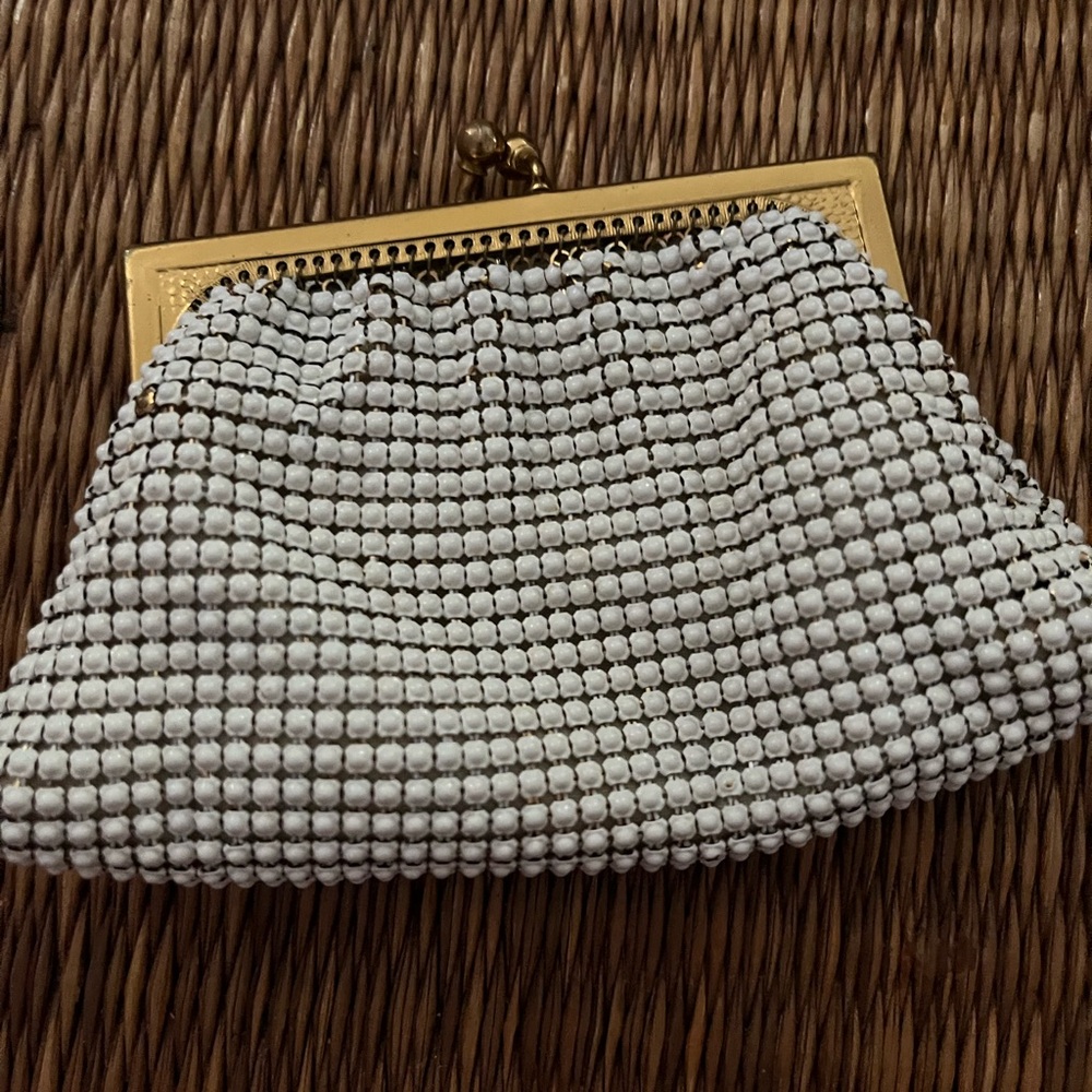 White Beaded Clutch with Gold Frame